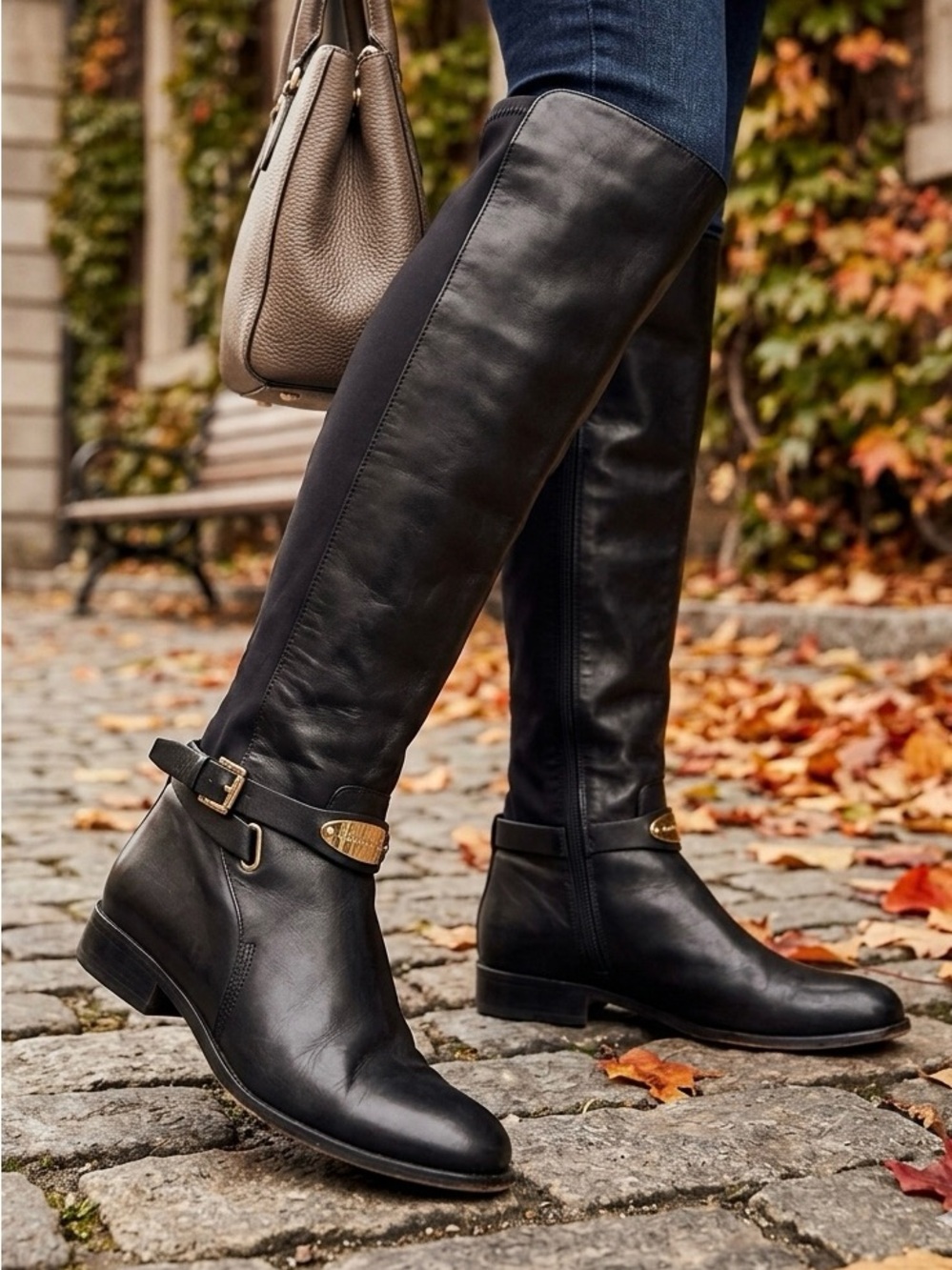 MICHAEL KORS Black Leather Riding Boots Gold Logo Buckle Side Zip Women’s 8.5